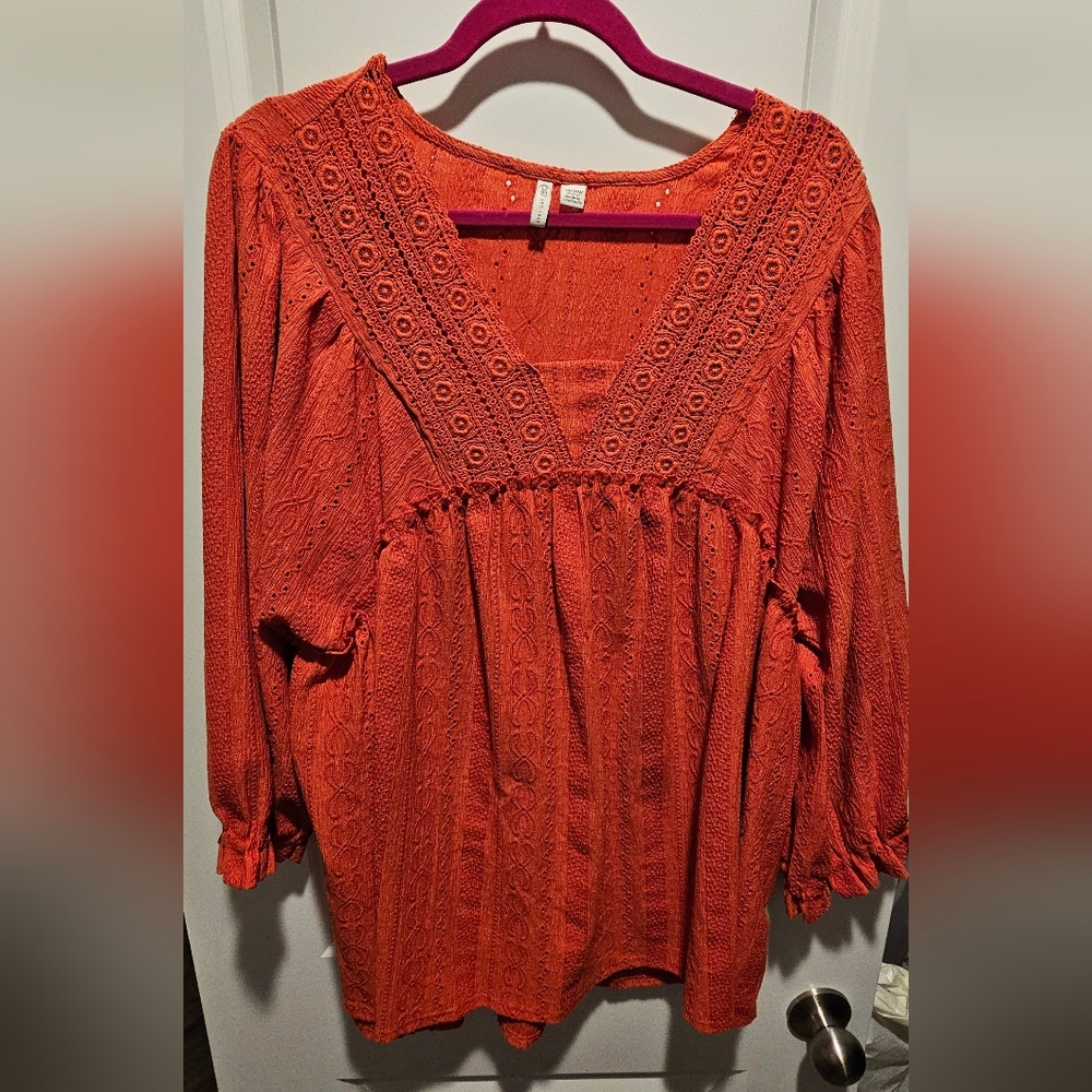 Cato Orange Lace-Trim V-Neck Peasant Blouse